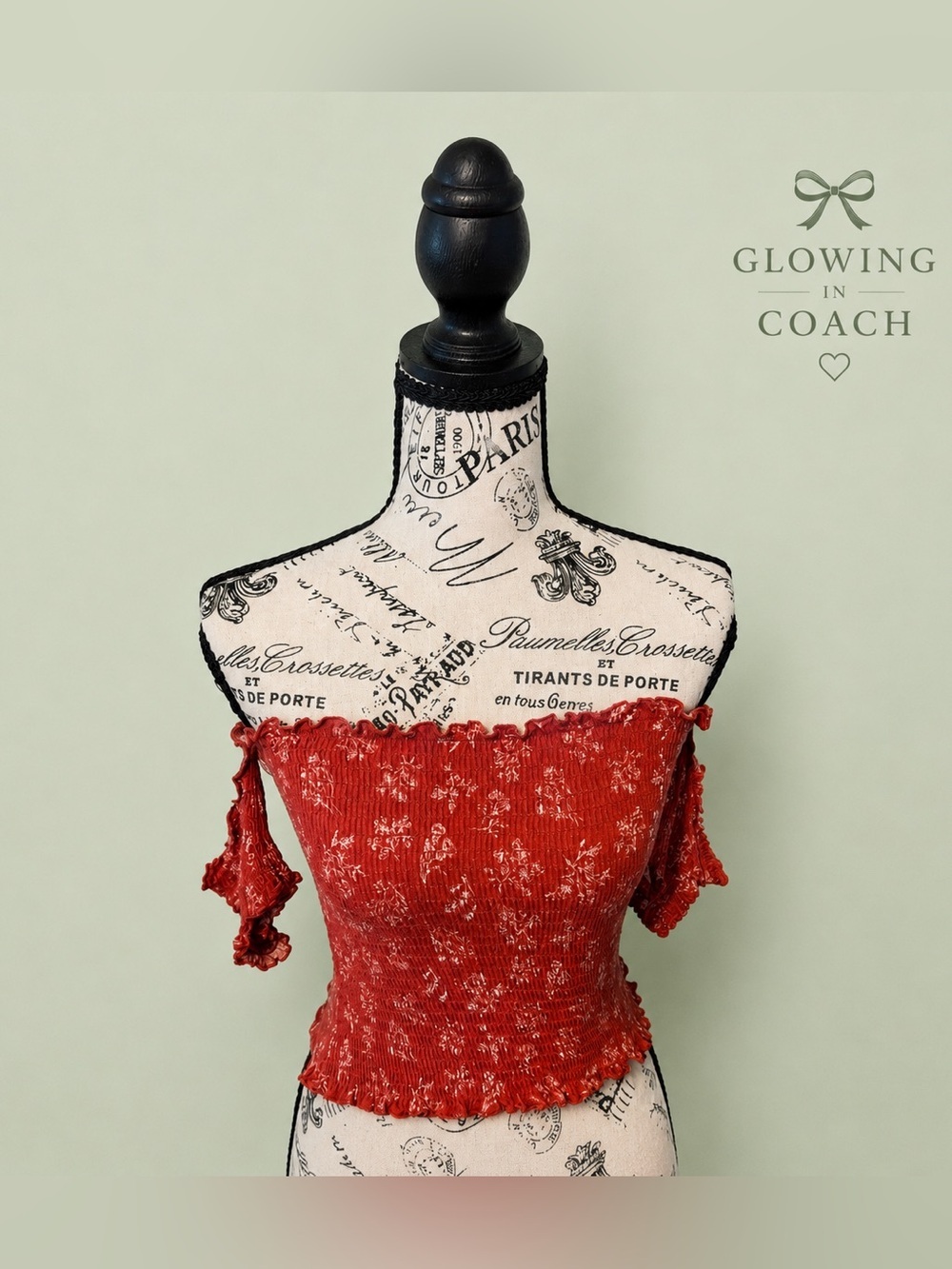 Sky AND Sparrow Smocked Floral Off-Shoulder Crop Top Red Size M